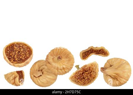 dried fig isolated on white background with clipping path and full depth of field. Top view with copy space for your text.. Flat lay Stock Photo