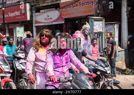 Celebrating Holi, a Hindu festival celebrating spring and love with colours. Photographed in Varanasi Uttar Pradesh, India Stock Photo