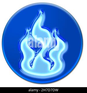 Metallic fire icon on a blue button isolated over white background Stock Photo