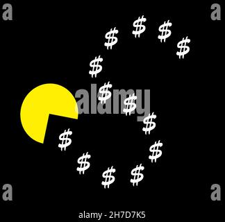 Pac-Man silhouette eating small dollar signs, retro games review Stock Photo