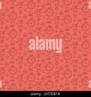 Seamless pattern with chess pieces and timers. Texture with different elements in doodle style. Stock Vector