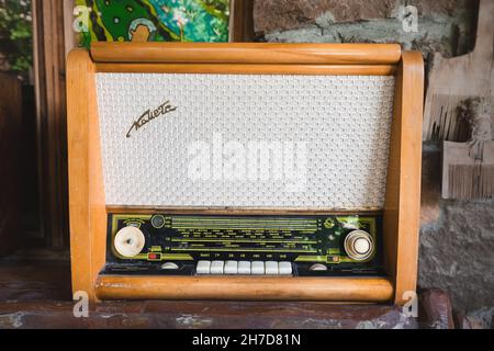 18 May 2021, Vagharshapat, Armenia: old soviet radio receiver with frequencies and toggle switches Stock Photo