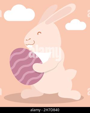 Joyful cheerful bunny, hare is holding festive Easter egg. Symbol of Easter holiday and year 2023 in Chinese calendar. Childrens vector illustration Stock Vector