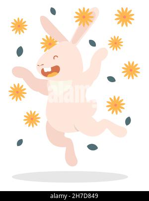Joyful cheerful rabbit, hare jumps and dances under flying spring flowers. Symbol of Easter holiday and year 2023 in Chinese calendar. Childrens vecto Stock Vector