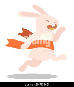 Fast funny rabbit, bunny runs and crosses  finish line. Symbol of Easter and 2023 in Chinese calendar. Childrens vector illustration Stock Vector