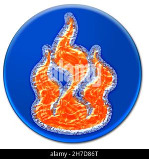Surrealistic fire icon on a blue button isolated over white background Stock Photo