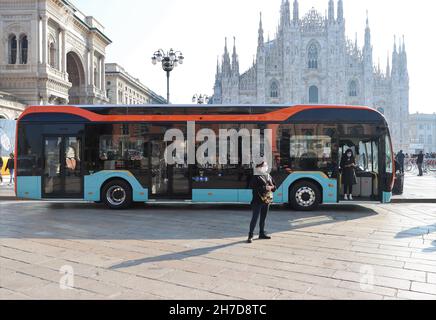 New electric bus used by ATM, Milan public transport company. Stock Photo