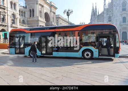 New electric bus used by ATM, Milan public transport company. Stock Photo