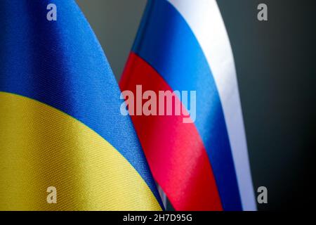 Flags of Russia and Ukraine. Russian-Ukrainian conflict. Stock Photo