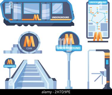 Metro symbols. City trains subway urban transportation metrobus transit metro systems stairs rails turnstile signs garish vector flat pictures Stock Vector