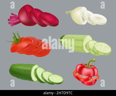 Sliced products. Vegetables collection pepper zucchini onion tomato and cucumber decent vector realistic illustrations set Stock Vector