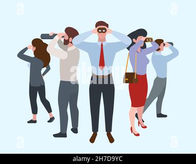 People looking around. Teamwork, HR managers or employees. Men women searching ideas, watch into magnifying glass and binocular vector concept Stock Vector