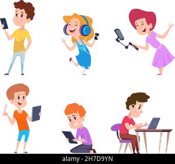 Little Girls Using Gadgets, Kids Playing Games, Learning, Communicating  with Tablet and Laptop Vector Illustration, Stock vector