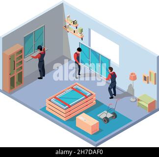 Interior renovation background. Workers installing plastic windows in modern room fix problems with door frames repair processes garish vector Stock Vector