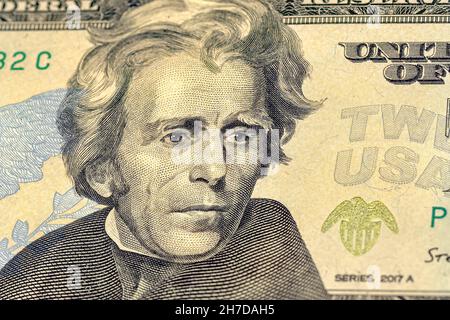 Close-up of 20 us dollar bill. Portrait of President Andrew Jackson on the US fifty us dollars banknote. Stock Photo