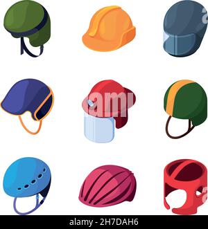 Protection helmets. Motorbike diving workers security caps astronauts colorful helmets professional hats garish vector isometric pictures set Stock Vector