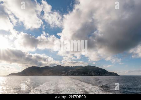 Panoramic view of the Island of Gorgona, Italy, with dramatic sky Stock Photo