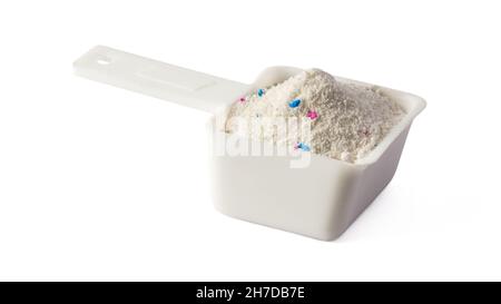 Blue plastic washing powder measuring cup isolated on white Stock Photo -  Alamy