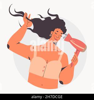 Cute girl dries her hair with a hairdryer. Vector character illustration. Stock Vector