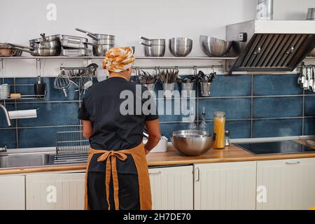 Back view portrait of professional cook working in industrial kitchen, copy space Stock Photo