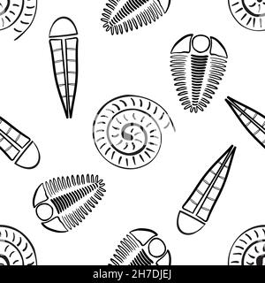 Ammonite trilobite haplophrentis vector seamless pattern background. Hand drawn shell cephalopod, arthropod, hyolithis ribbed fossils Extinct marine Stock Vector