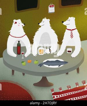 Bears in their den. The family is celebrating the New Year illustration. Carpet on the floor. The calendar hangs on the wall. Bears illustration. Thre Stock Photo