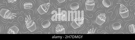 Seamless pattern with sketchy desserts on grey background. Doodle cakes and macaroons horizontal border. Vector illustration. Stock Vector