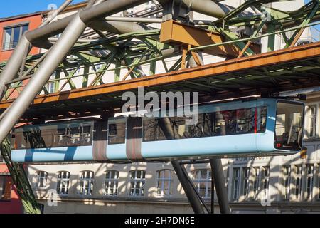 The Schwebebahn, floating tram, famous suspension monorail in Wuppertal, Germany. Globally unique transport and tourist attraction. Stock Photo