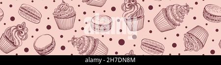 Seamless pattern with sketchy desserts. Doodle cakes and macaroons horizontal border. Vector illustration. Stock Vector