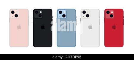 Kiev - November 1, 2022: Set of mockup iphone 13 mini all colours. Isolated on white Stock Vector