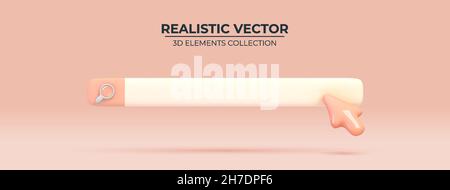 Search bar design element on pink background. Navigation search for browser. Realistic 3d arrow, cursor. Trendy yellow and blue colors. Design in cartoon style. Vector illustration Stock Vector