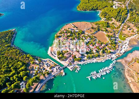 Town of Osor turquoise coast aerial view, bridge between Cres and Mali Losinj islands, Adriatic archpelago of Croatia Stock Photo