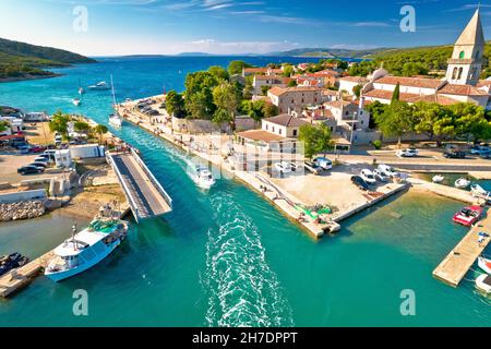 Town of Osor turquoise coast aerial view, bridge between Cres and Mali Losinj islands, Adriatic archpelago of Croatia Stock Photo