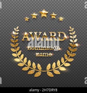 Gold award emblem with laurel wreath vector illustration. 3d realistic golden prize badge with text, stars and glossy light effect, reward label with Stock Vector