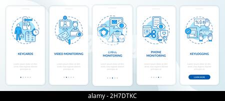 Types of employee monitoring blue onboarding mobile app page screen Stock Vector