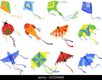 Flying kites. Cartoon colorful festive toys for kids, animals and different types geometric shapes waving in wind, game in sky for summer concepts neat vector illustration. Festival kite entertainment Stock Vector