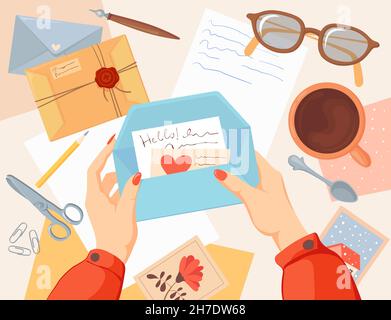 Hands holding envelope. Writing letters mail, desk paper envelopes, myself letter, postal postcards, handwritten sheet, message communication, cartoon neat vector illustration. Envelope mail message Stock Vector