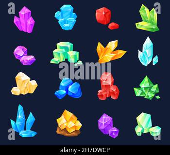 Cartoon crystal gems. Gemstone natural minerals, magic stones and rocks, mining treasure, diamond quartz emerald jewelry amethyst, precious white hexagon, game neat vector illustration Stock Vector