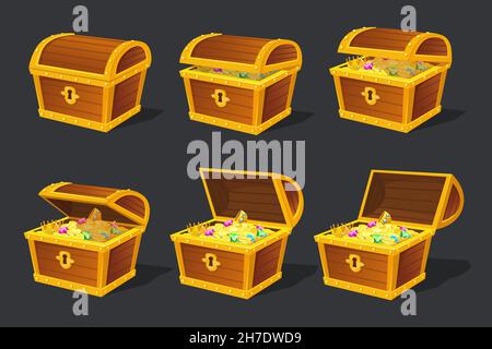 Treasures chest animation. Treasure box animated frames, golden treasurer locker opening, gold money ancient wood case for games neat vector illustration. Open box with treasure animation Stock Vector