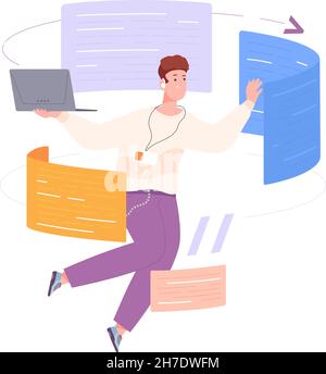 Programmer write software. Development code program, technology programming languages, system bug, professional work computer, pc script web html java php, splendid vector illustration Stock Vector