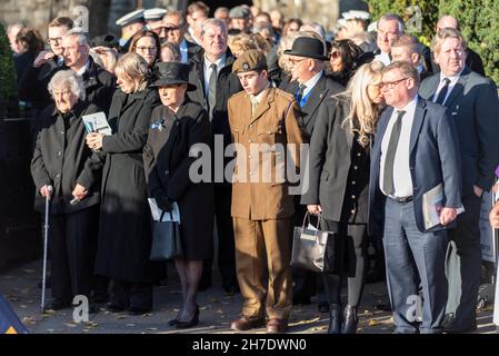 Southend on Sea, Essex, UK. 22nd Nov, 2021. The family of murdered Southend West MP Sir David Amess and invited guests have attended a private memorial funeral service at St. Mary’s Church in Prittlewell, Southend. The casket was then carried in a horse-drawn hearse through the town for people to pay their respects before heading to the Chapel of Rest prior to a service at Westminster Cathedral the following day. Mourners included MP Mark Francois Stock Photo