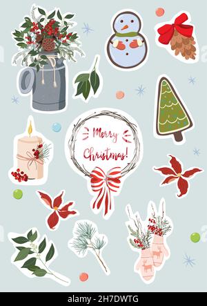 Christmas winter stickers collection, cute design and elements for scrapbook. For gift wrapping, greeting card envelopes, planners Stock Vector