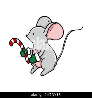 Hand drawn mouse in mittens with a twisted candy. Vector illustration Stock Vector