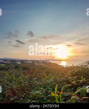 Panorama image of a beach or bay on the atlantic ocean at the Biscay in france near the town of biarritz Stock Photo