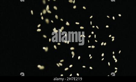 Close-up of white sesame seeds falling down on the black background. Concept of high quality food. Stock Photo