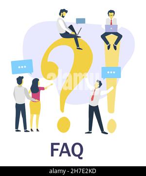 People asking questions, receiving answers. Frequently asked questions, FAQ, customer support, helpful advices, vector. Stock Vector