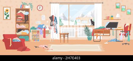 Messy living room. Scattered stuff, female clothes in bookcase, armchair, on desk, vector illustration. Mess, disorder. Stock Vector