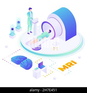 MRI examination. Doctor doing brain mri scan of patient, flat vector isometric illustration. Head tomography. Stock Vector