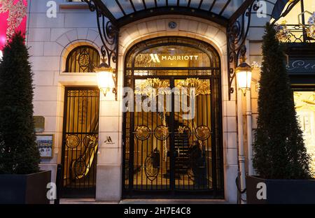 Marriott Hotel at night in Paris, along the Champs de Elysees, one of the most famous boulevards in the world. Stock Photo