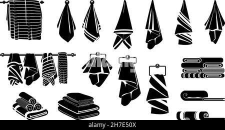 Towels silhouettes. Black towel rolls, bathroom beach or kitchen textile icons. Flat fabric for home, isolated folded cloth decent vector set Stock Vector